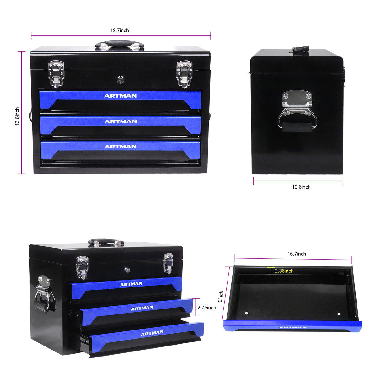 3 Drawers Tool Box with Tool Set Blue