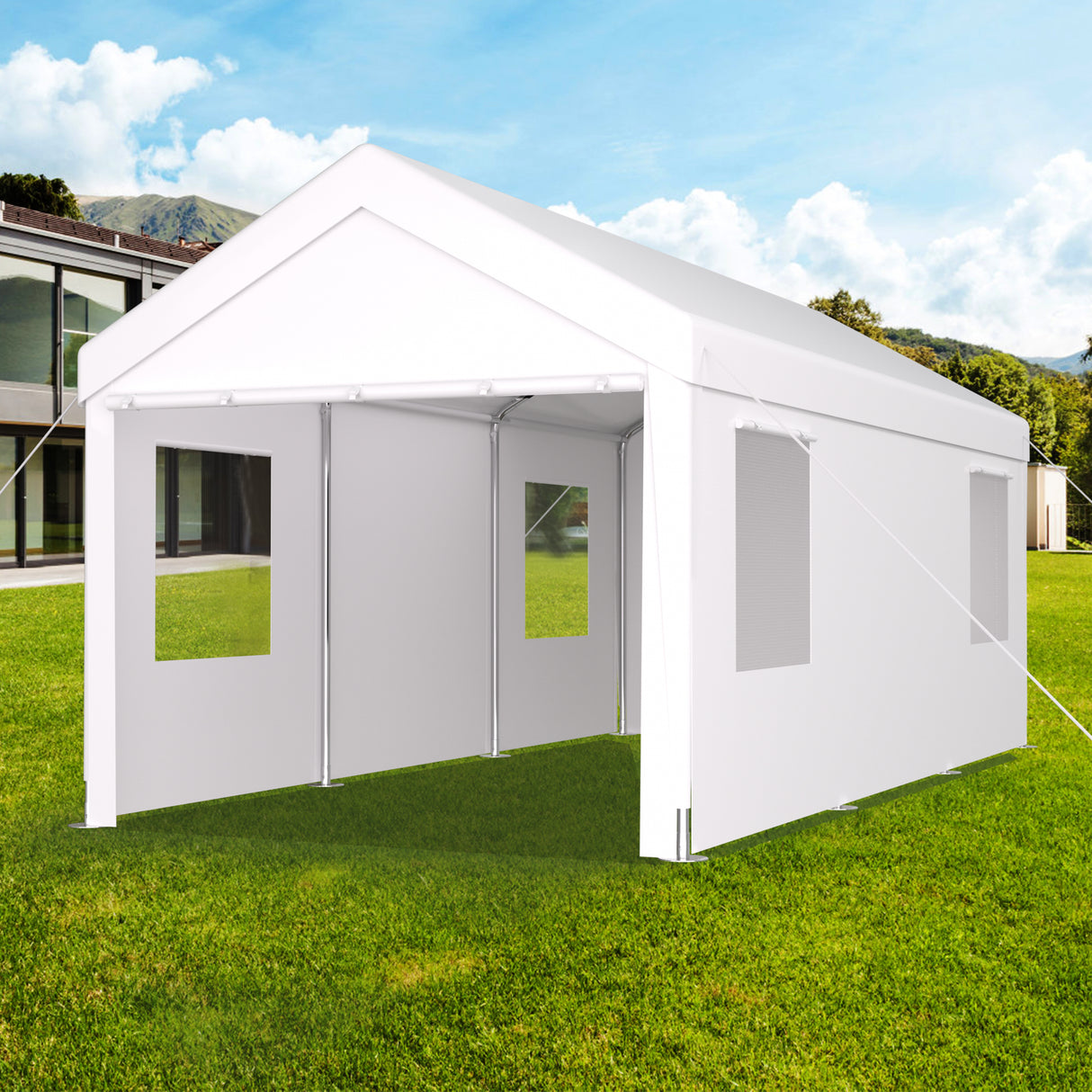 Abri d'auto 10' x 20', auvent de garage portable robuste avec 2 portes enroulables et 4 fenêtres ventilées