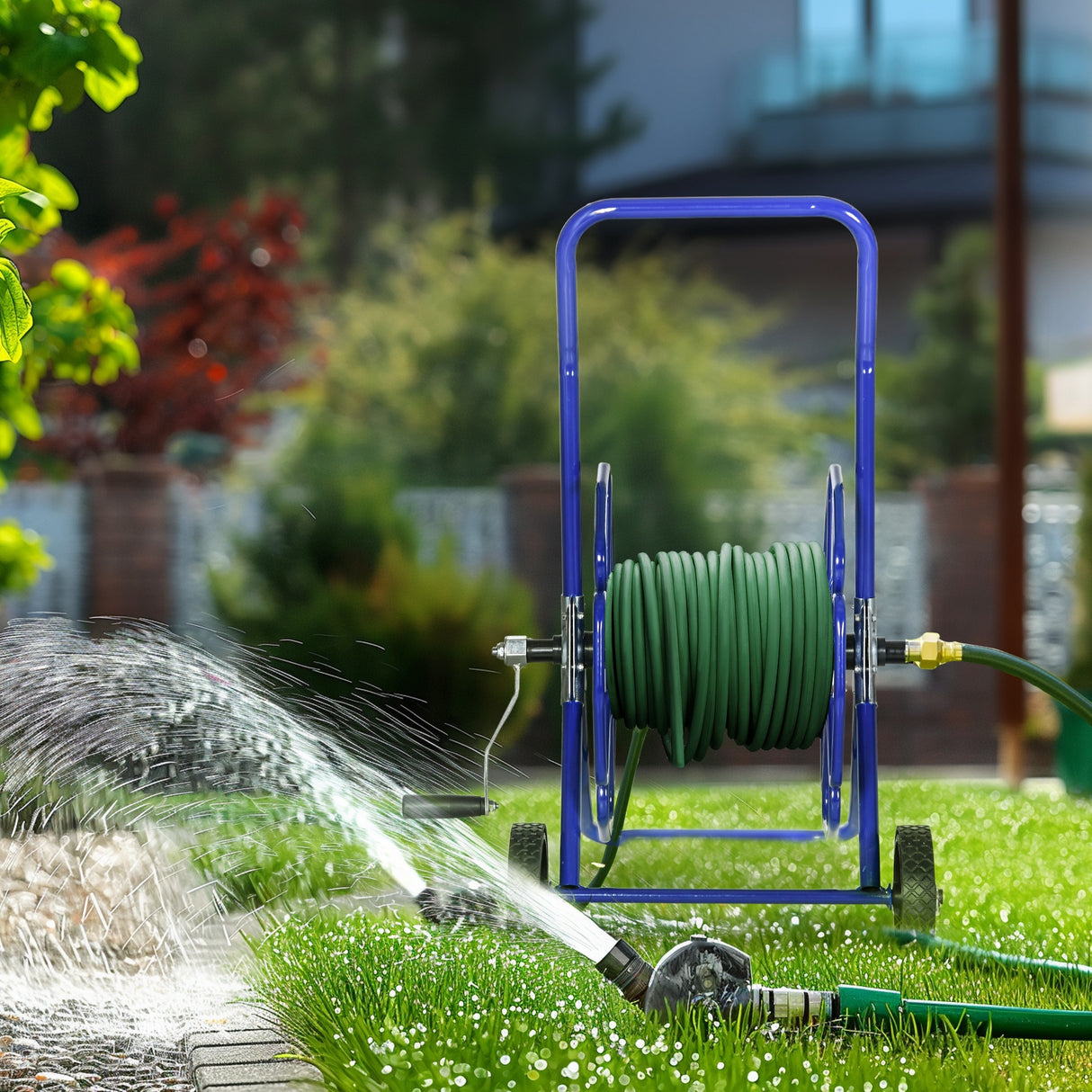 Tragbarer Garten-Wasserschlauchwagen für bis zu 98 Fuß 5/8-Zoll-Schlauch (Schlauch nicht im Lieferumfang enthalten) mit Rädern für Gartenrasen – Blau