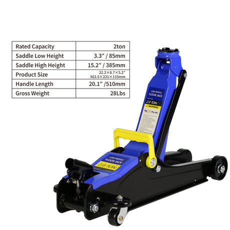 2 Ton Low Profile Floor Jack 3t Stand Tire Repair Kit Heavy Duty Steel Racing with Single Piston Quick Lift Pump Lifting Range 3.3"-15.2"