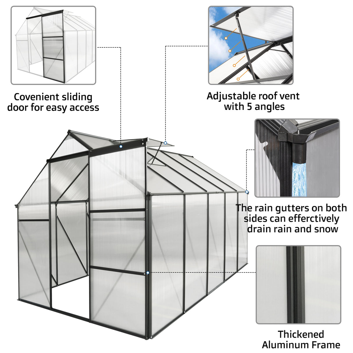 6 x 10 Fuß großes Polycarbonat-Gewächshaus mit erhöhtem Sockel und Anker, robustes begehbares Aluminium für den Garten im Freien, ganzjährig in Schwarz erhältlich