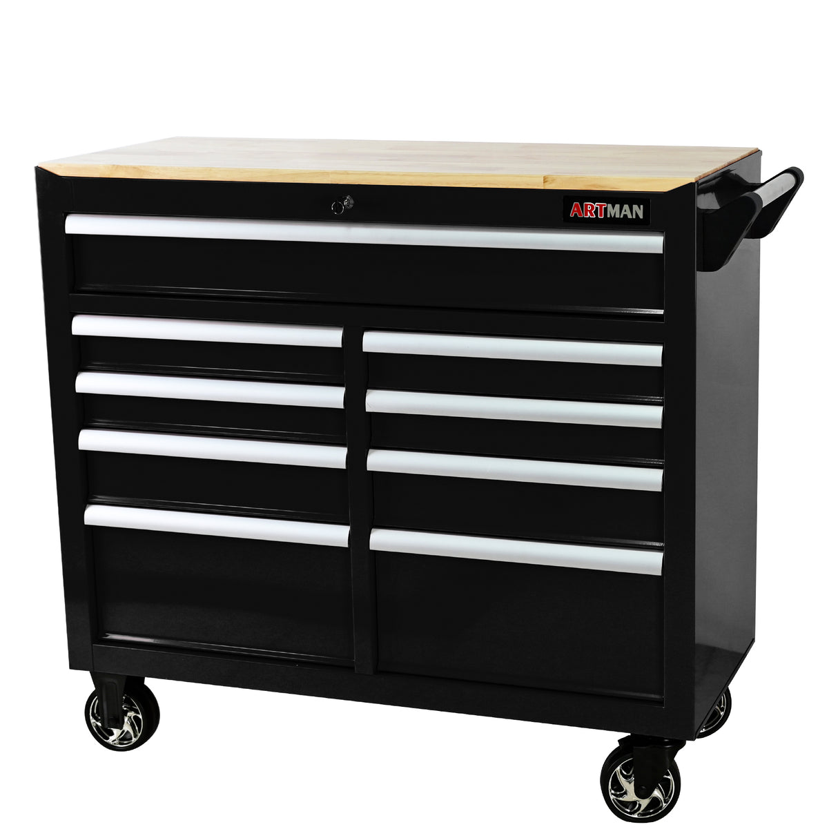 9 Drawers Multifunctional Tool Cart with Wheels and Wooden Top Black