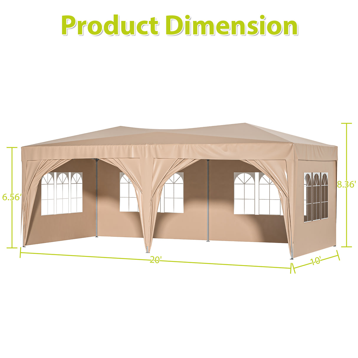 EZ Pop Up Canopy Tente pliante portable pour fête d'extérieur 10' x 20' avec 6 parois latérales amovibles + sac de transport + 6 sacs de poids Beige