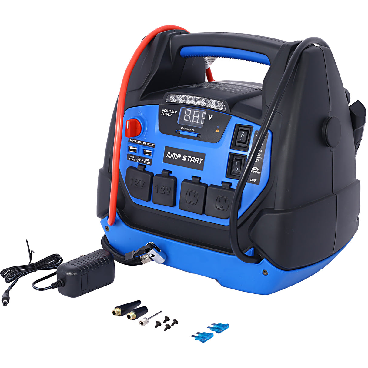 Rechargeable Jump Starter for Gas Diesel Vehicles 1800 Amps with Air Compressor and AC 12V DC USB Power Station