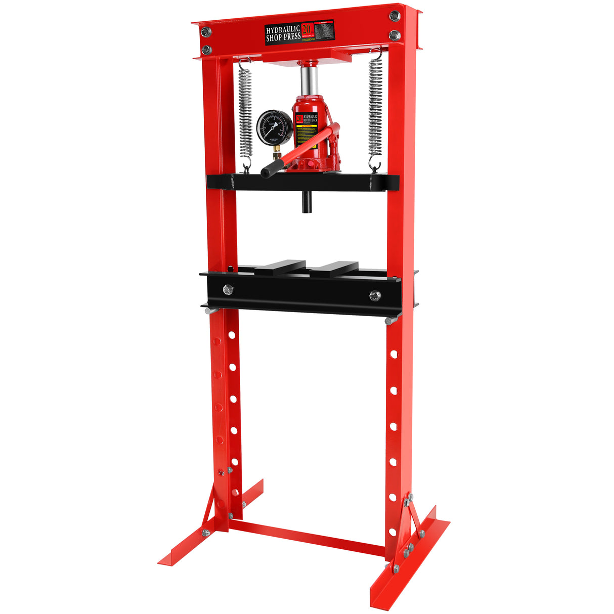 20 Ton Hydraulic Shop Floor Press Steel H-Frame na may mga Plate Adjustable Working Table Stand Jack para sa Mga Gear at Bearing Pula