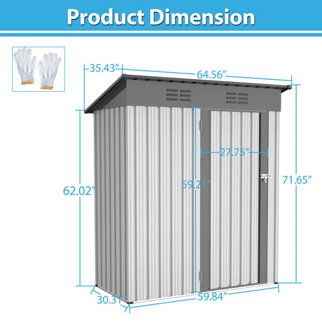 5 X 3 Ft Outdoor Storage Galvanized Metal Garden Shed Na May Lockable Doors Tool Storage Para sa Patio Lawn Backyard Trash Cans