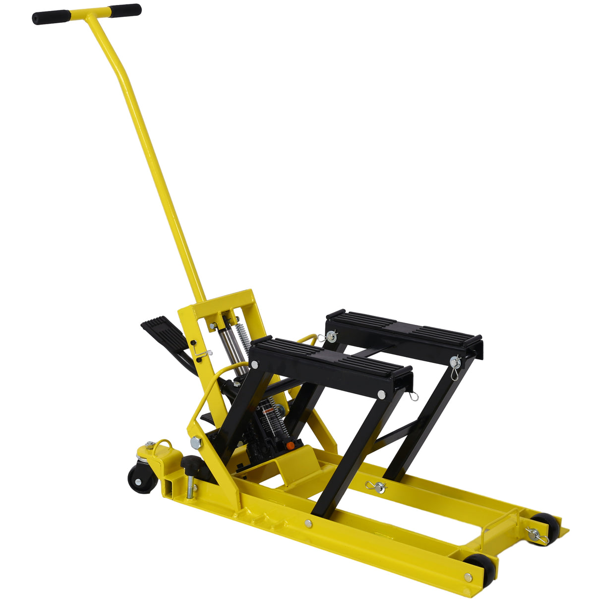 Gato elevador hidráulico para motocicleta, capacidad de 1500 libras, mesa portátil de tijera ATV con 4 ruedas, soporte de elevación accionado por el pie con amarre, color amarillo