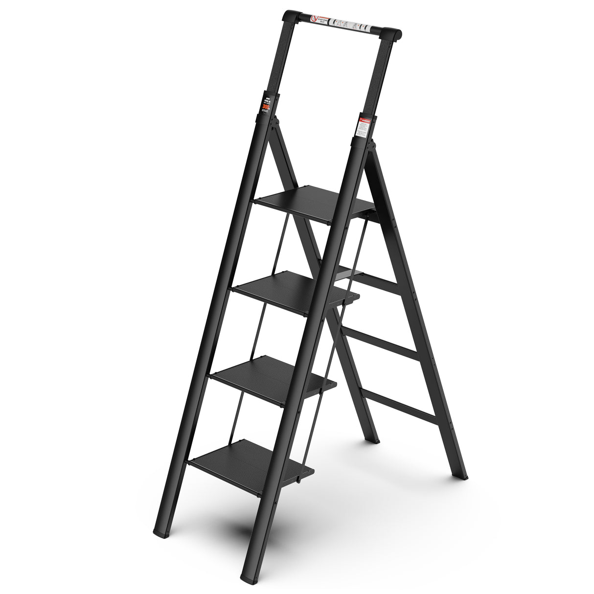 4-staps ladder Huishoudelijke veiligheid Intrekbare handgreep Opvouwbare kruk met antislip breed pedaal Aluminium 300 lbs - Zwart