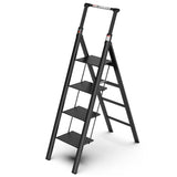 4 Step Ladder Kaligtasan ng Sambahayan Maaaring Iurong Handgrip Folding Stool na may Anti-Slip Wide Pedal Aluminum 300lbs--Itim