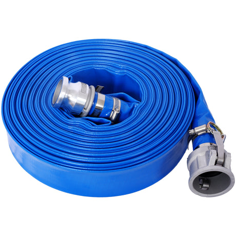 1.5" ID × 100 ft Pool Backwash Hose Heavy Duty Reinforced Blue PVC Lay Flat Water Discharge Pump Hoses For Swimming Drain Pools and Clean Filters with Aluminum Camlock C and E Fittings