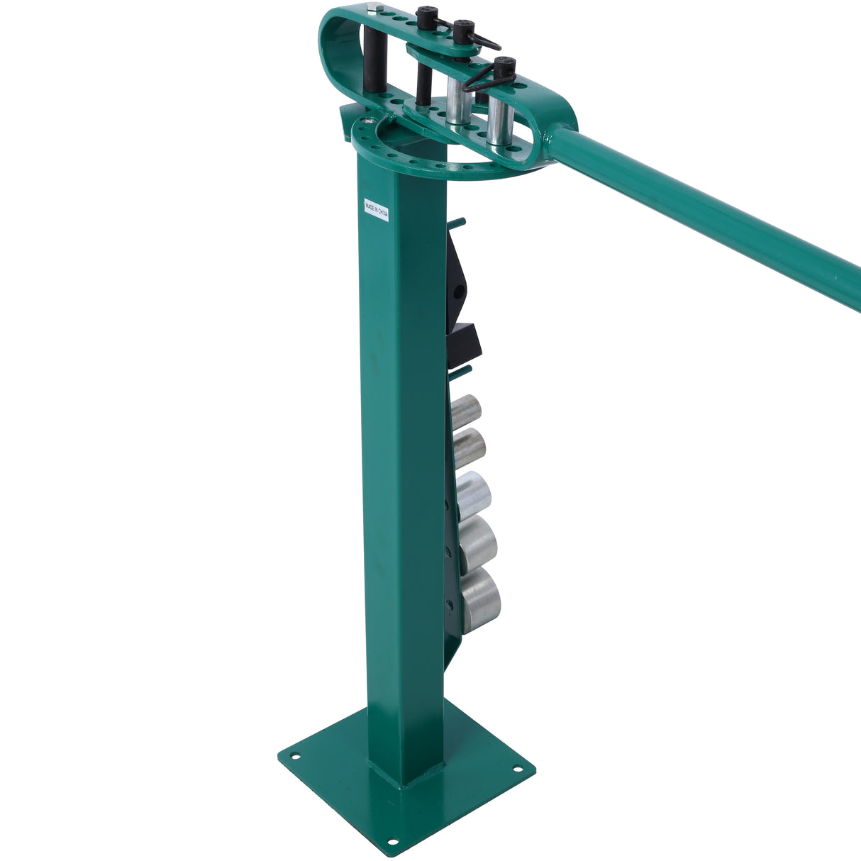 Dobladora compacta para piso de pedestal, 7 troqueles, tubo metálico compacto y versátil, montaje de 44', mango telescópico con recubrimiento en polvo, máximo 5/8" de espesor, 1-15/16" de ancho, verde