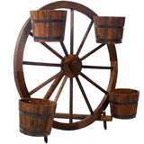 Wood Wagon Wheel Barrel Planter Display--Brown