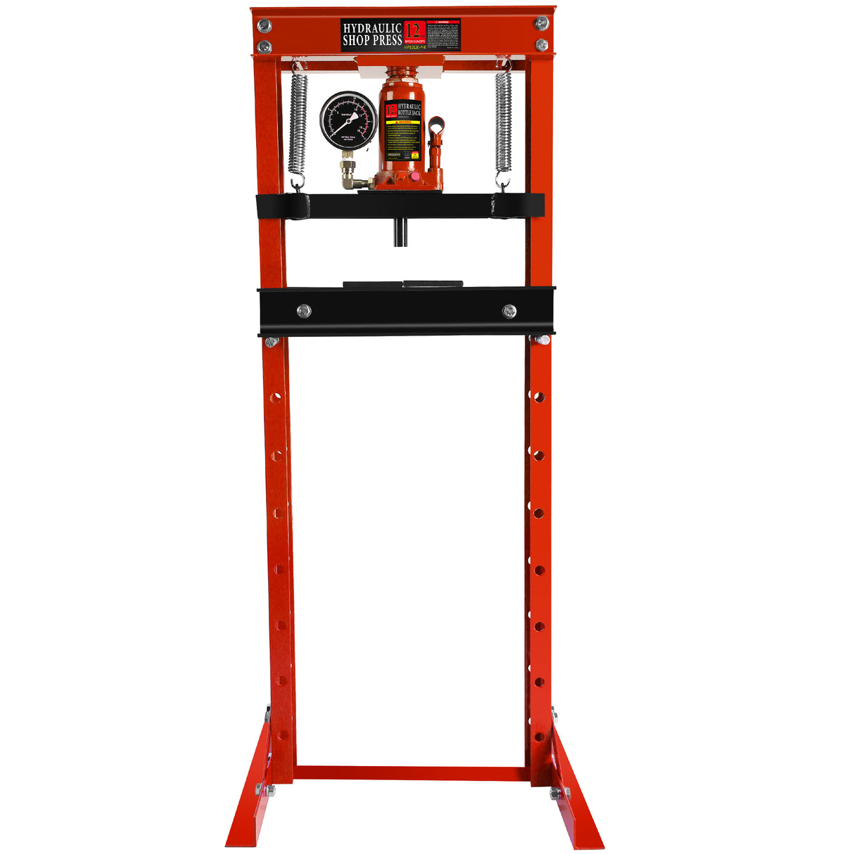 Steel H-Frame Hydraulic Garage/Shop Floor Press with Stamping Plates Pressure Gauge 12 Ton (24,000 lb) Capacity Red