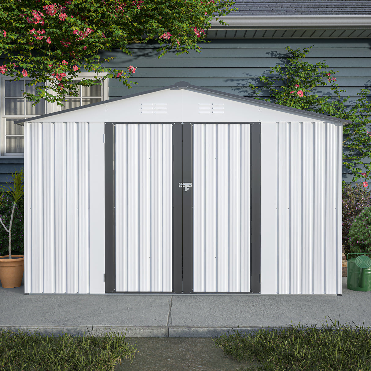 10X8 FT Outdoor Storage Shed All Weather Metal with Lockable Doors Tool for Garden Patio Backyard Lawn Grey