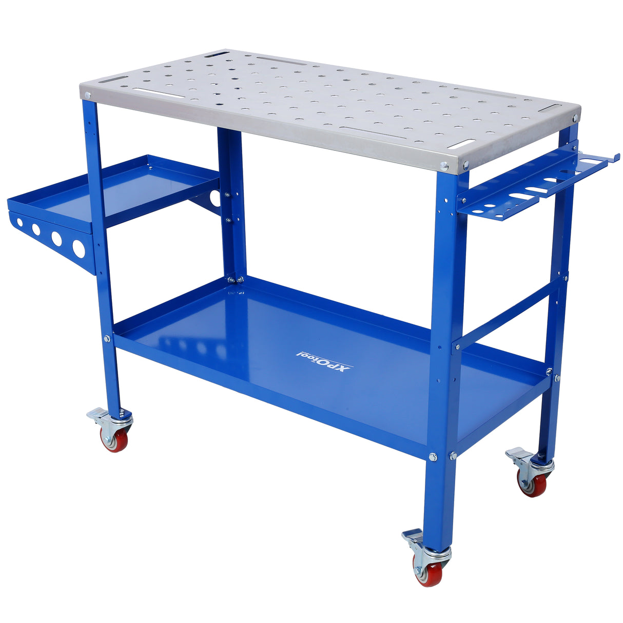 Welding Workbench Table 36"x18" 1200lbs Load Capacity Steel on Wheels Portable Work Bench with Braking Lockable Casters Tool Slots 5/8-inch Fixture Holes Tray Blue