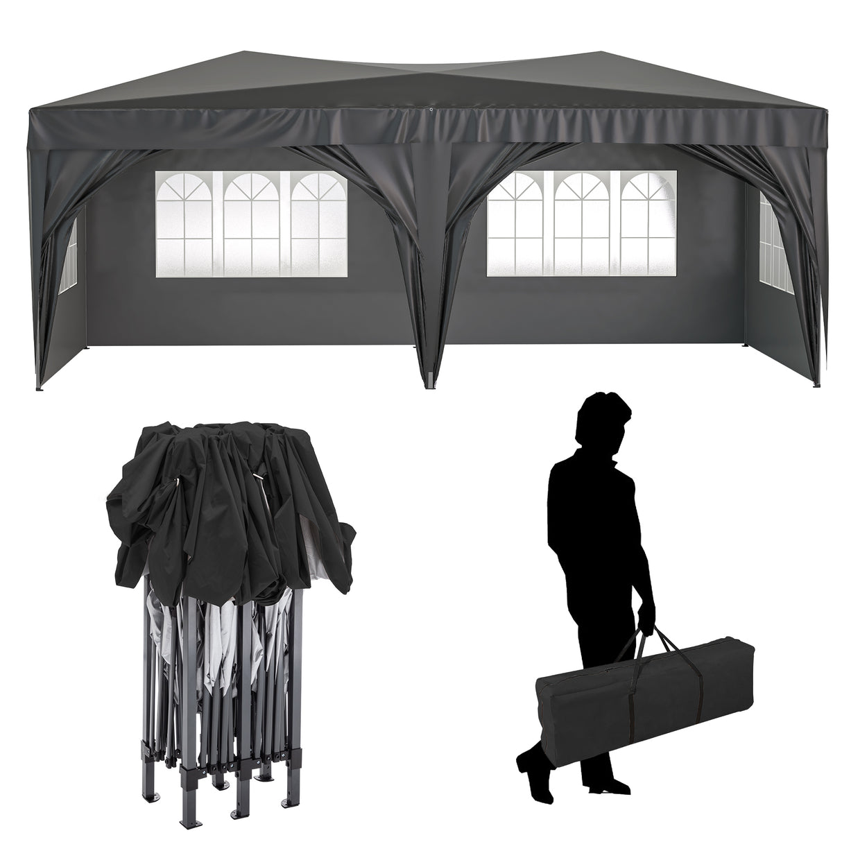 10'x20' EZ Pop Up Canopy Tente pliante de fête portable d'extérieur avec 6 parois latérales amovibles + sac de transport + 6 sacs de poids Beige noir