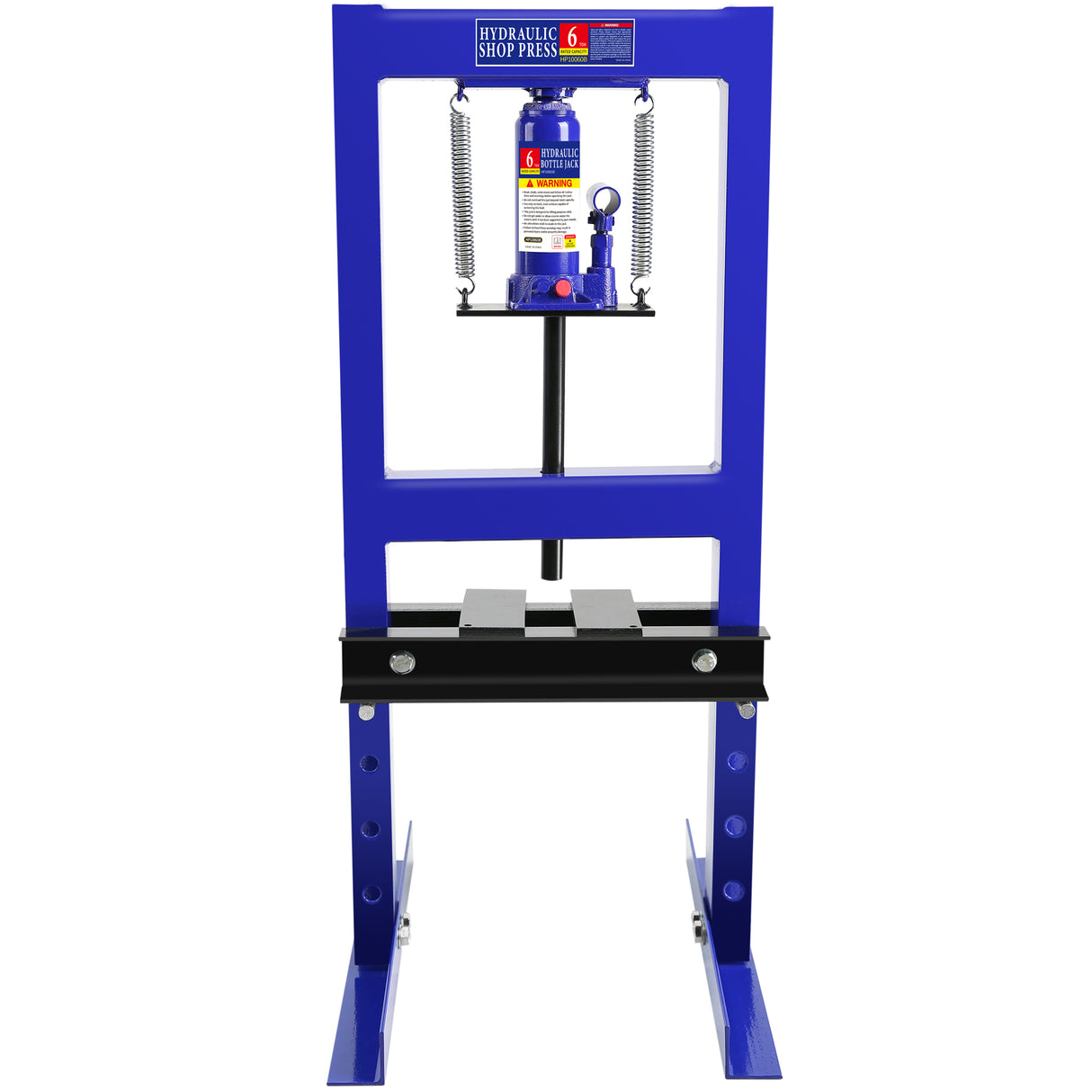 Steel H-Frame Hydraulic Shop Press with Stamping Plates to Bend Straighten or Press Parts Install Bearings and U-Joints 6 Ton Capacity Blue