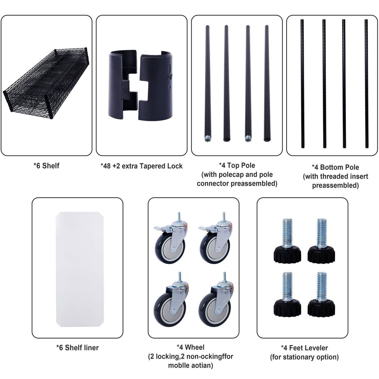 6 Tier 6000lbs Capacity NSF Metal Shelf Wire Shelving Unit Heavy Duty Adjustable Storage Rack na may Mga Gulong at Shelf Liner para sa Commercial Grade Utility Steel Storage Rack Black 84"H x 48"L x 20"D