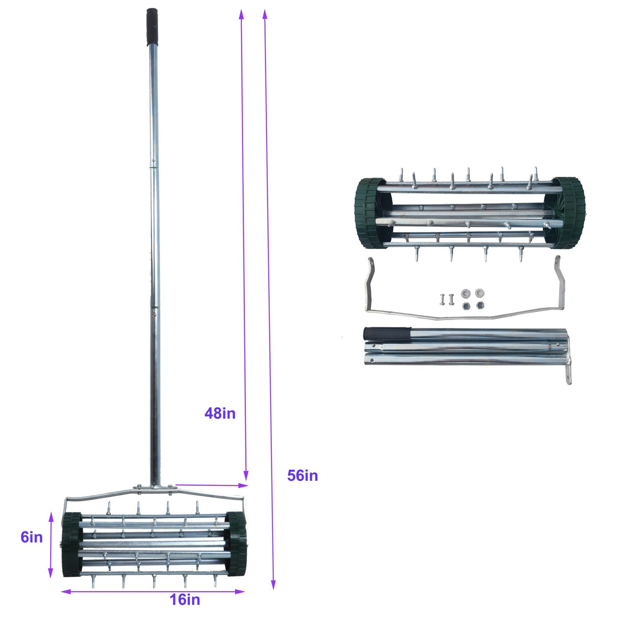 Heavy Duty rullende plenlufter Roterende Push Tine Spike Soil Hageverktøy med 3-delt langt stålhåndtak for vedlikehold av hagegårdsgress