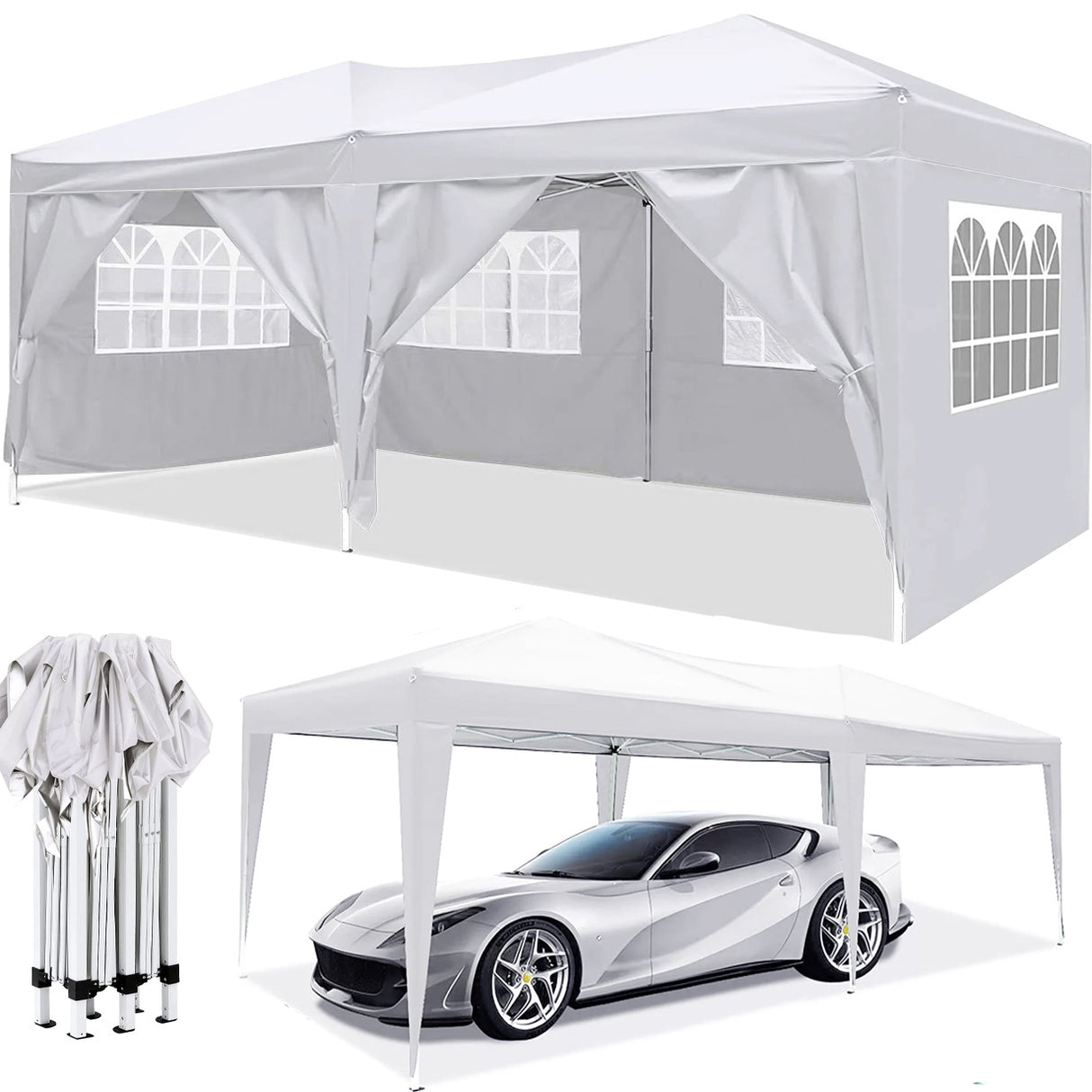 Carpa plegable para fiestas portátil al aire libre con dosel emergente EZ de 10x20 con 6 paredes laterales extraíbles + bolsa de transporte + bolsa de peso de 4 piezas, color blanco