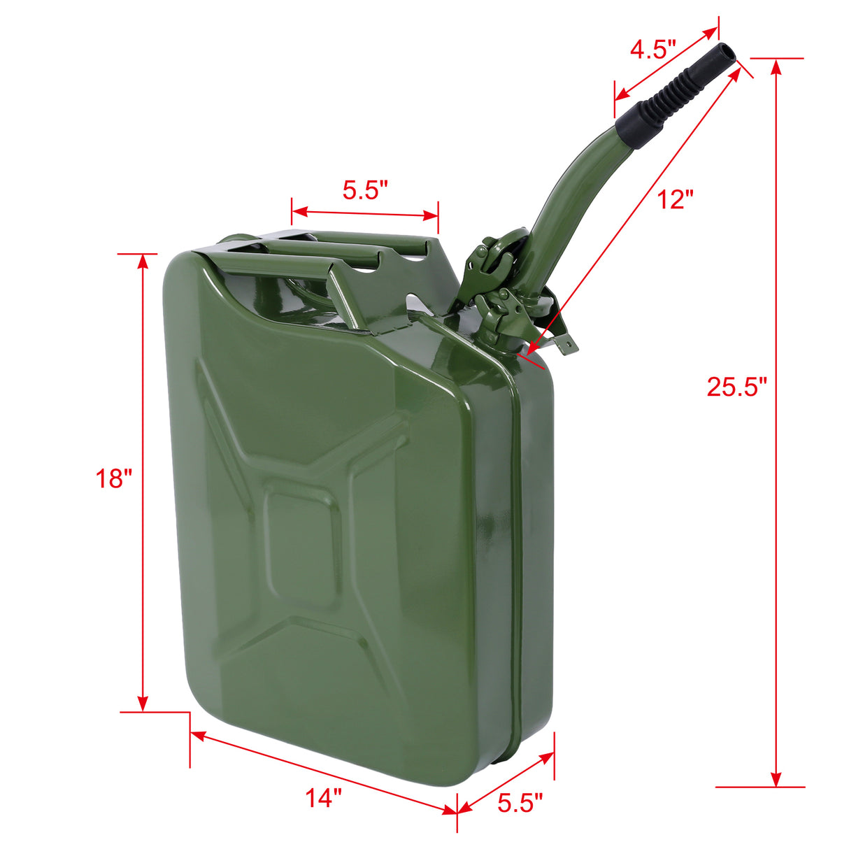 20 Liter (5 Gallon) Jerry Fuel Can with Flexible Spout Portable Tank Steel Gasoline Cars Trucks Equipment Green