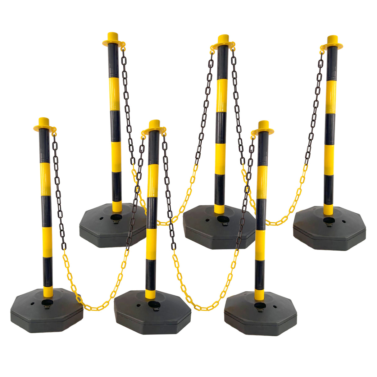 6 Pack Traffic Delineator Post Cones with Fillable Base Adjustable Safety Barrier with 5Ft Plastic Chain Outdoor and Indoor Crowd Control Stanchion for Control and Warning--Yellow+Black