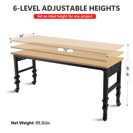 Établi réglable de 72 po × 24 po, table de travail robuste et roulante avec prise de courant et roues, plateau en bois d'hévéa de grande capacité de charge pour garage, bureau, atelier, maison, assemblage facile