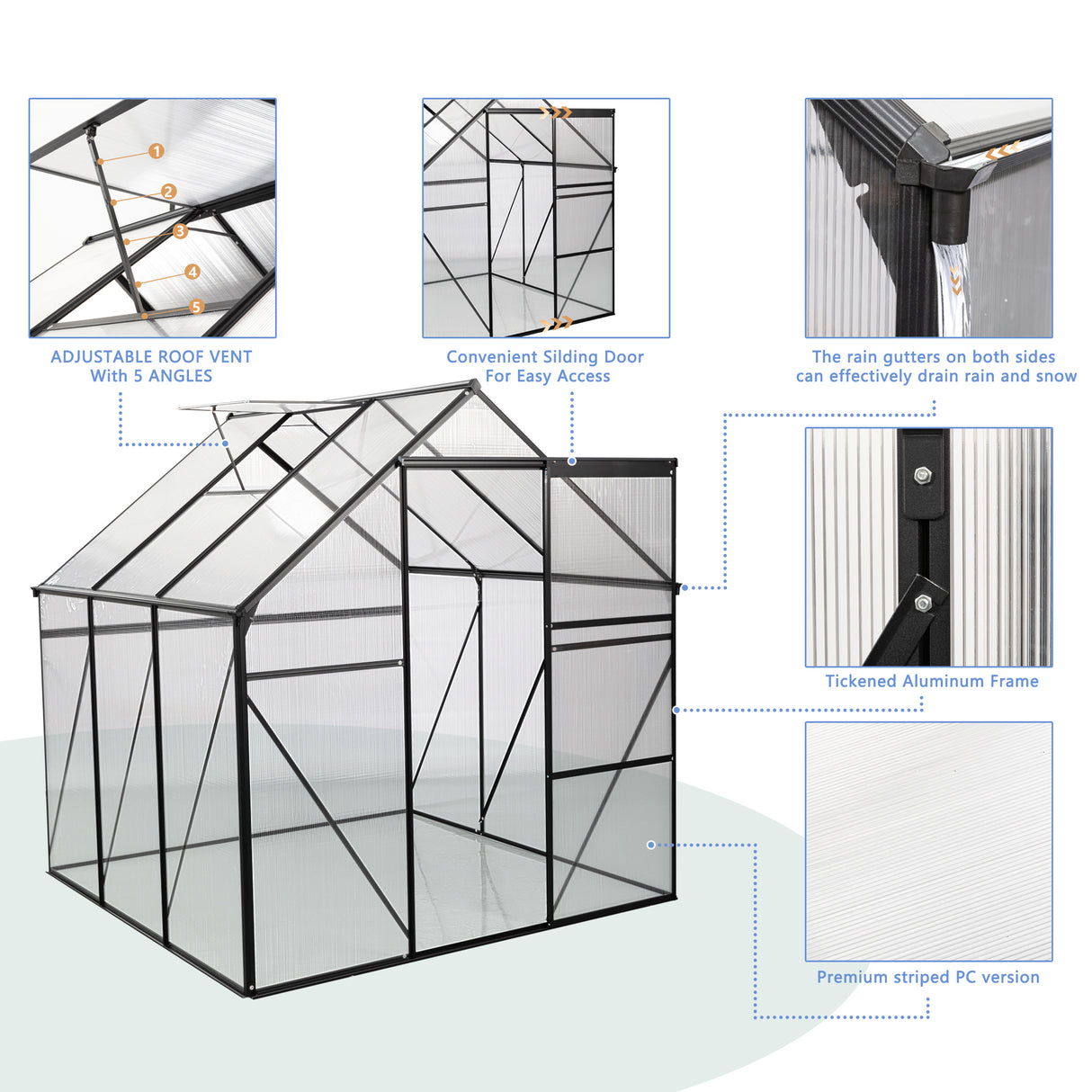 6X6FT polycarbonaat broeikas verhoogde basis en anker aluminium zware inloop voor buiten achtertuin in het hele seizoen zwart