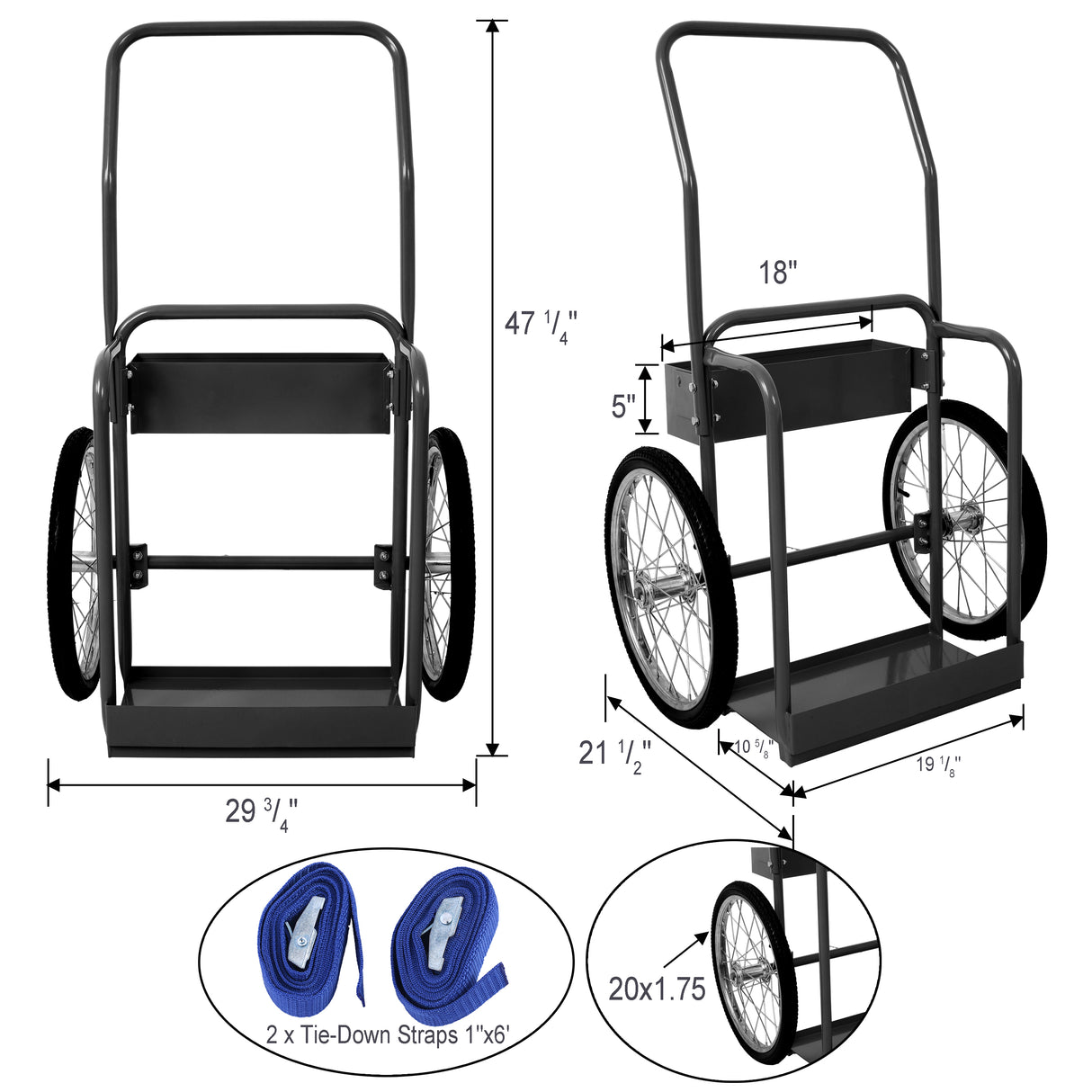 Large Dual Oxygen Tank Cart Dolly Double Cylinder 20" Pneumatic Wheels Includes two Fastening Belts Black