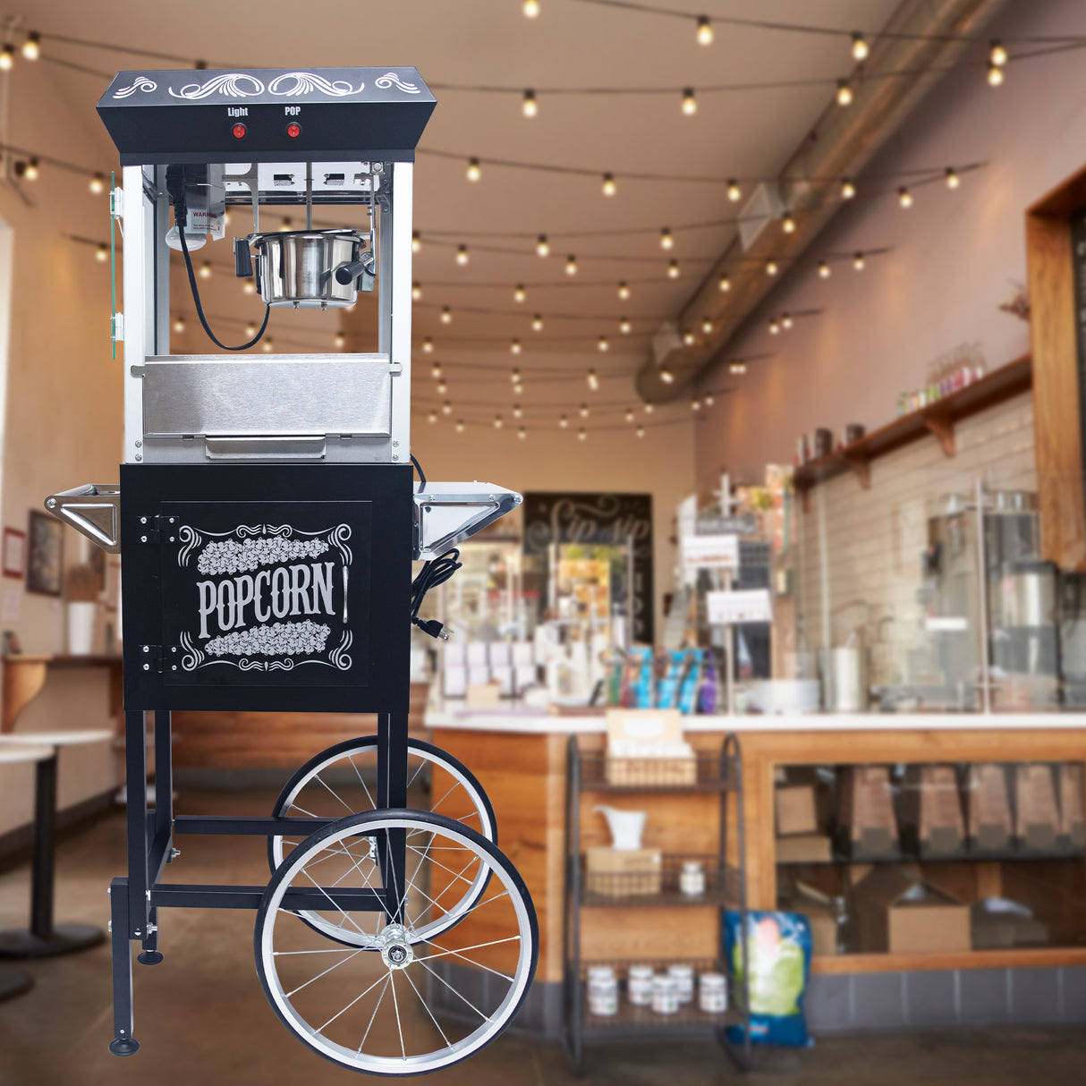 Popcorn Machine with Cart 8oz Popper with Stainless-Steel Kettle Heated Warming Deck and Old Maids Drawer Black