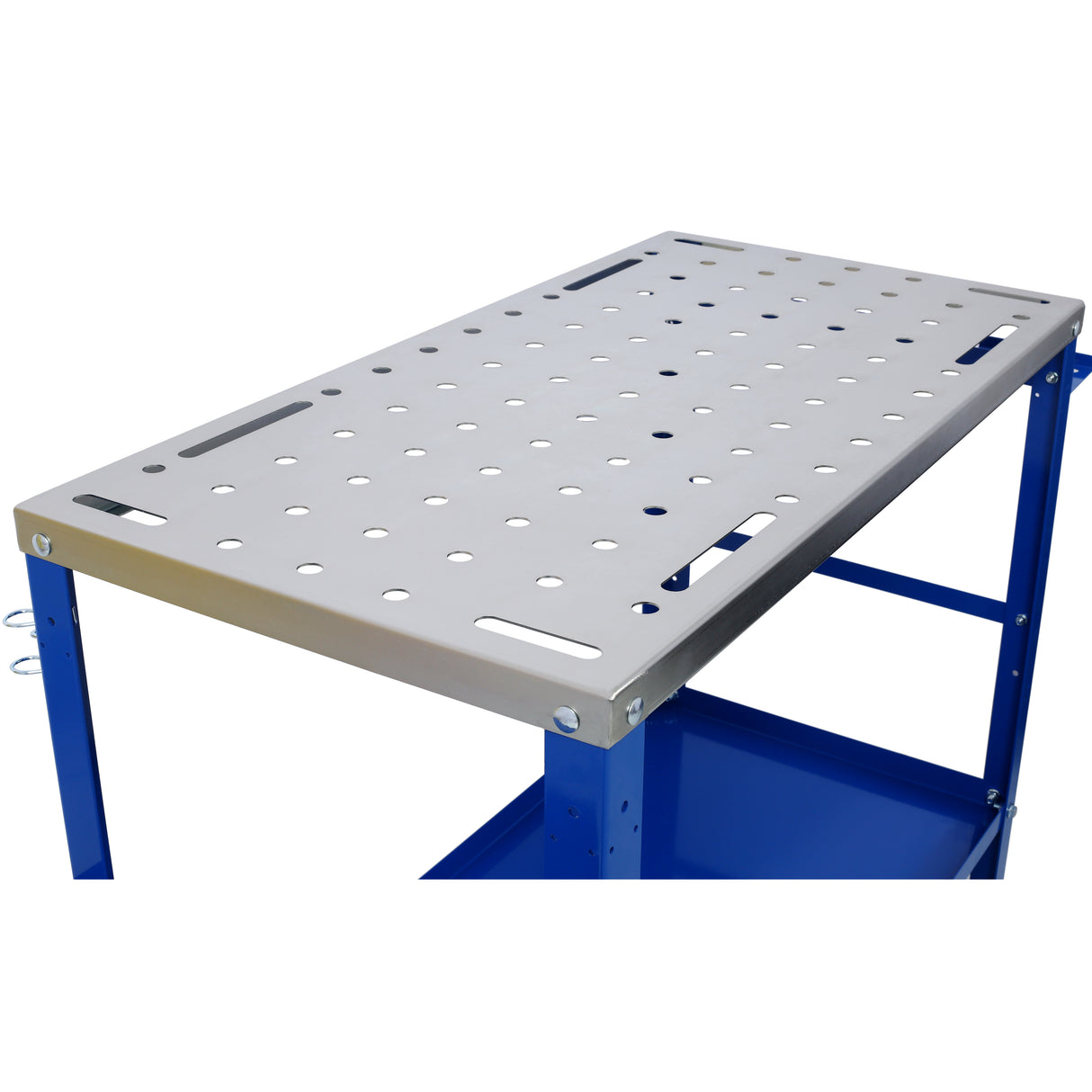 Welding Workbench Table 36"x18" 1200lbs Load Capacity Steel on Wheels Portable Work Bench na may Braking Lockable Casters Tool Slots 5/8-inch Fixture Holes Tray Blue