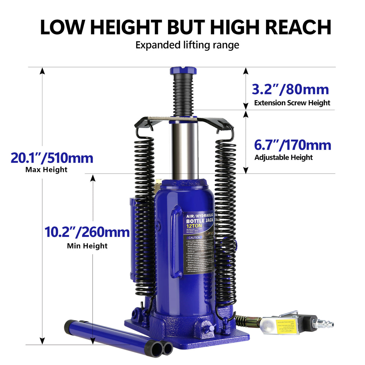 Pneumatic Air Hydraulic Bottle Jack with Manual Hand Pump 12 Ton Heavy Duty Auto Truck Travel Trailer Repair Lift Blue