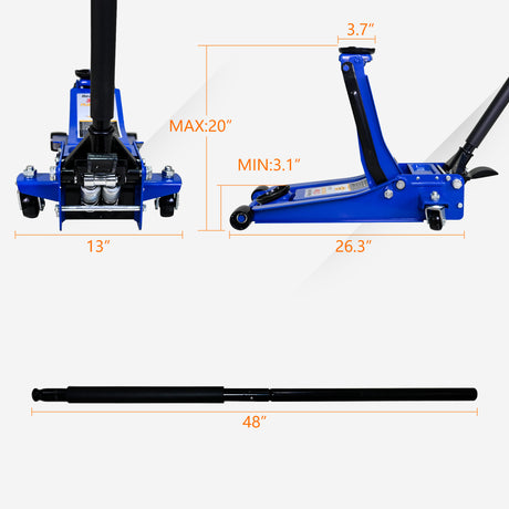 3T Heavy Duty horizontale dubbele pomp vloerkrikvoetmodel en stalen race met snelle liftpomp met dubbele zuiger, capaciteit van 6.000 lb - blauw