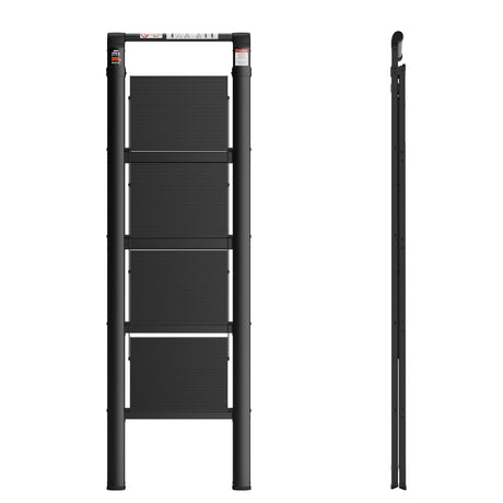 4 Step Ladder Kaligtasan ng Sambahayan Maaaring Iurong Handgrip Folding Stool na may Anti-Slip Wide Pedal Aluminum 300lbs--Itim