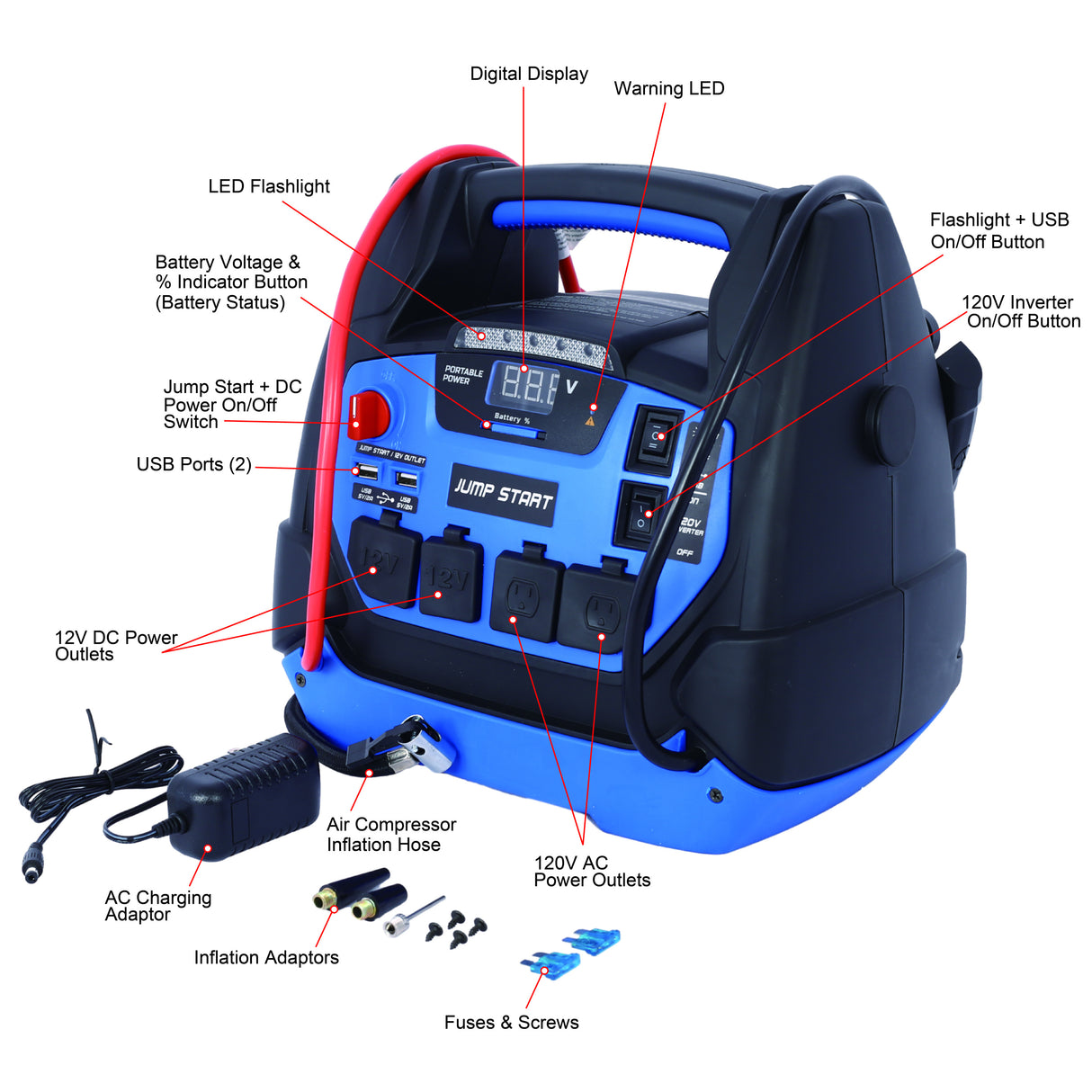 Rechargeable Jump Starter for Gas Diesel Vehicles 1800 Amps with Air Compressor and AC 12V DC USB Power Station