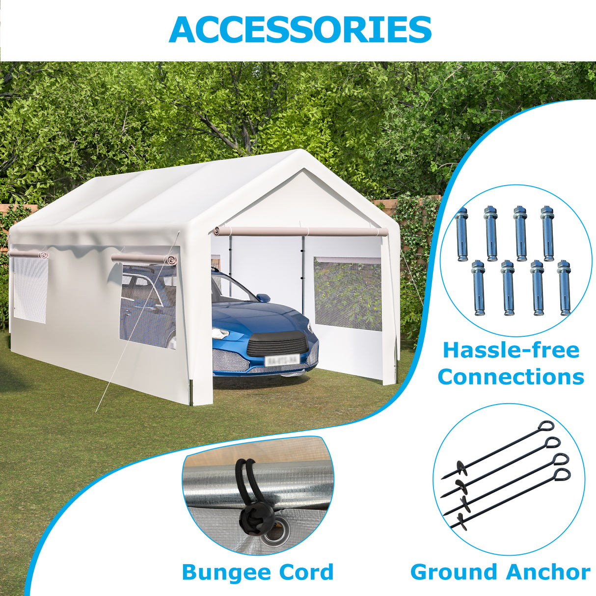 Carport Canopy 10x20 FT Heavy Duty Boat Car Garage with Removable Sidewalls and Roll-up Ventilated Windows White