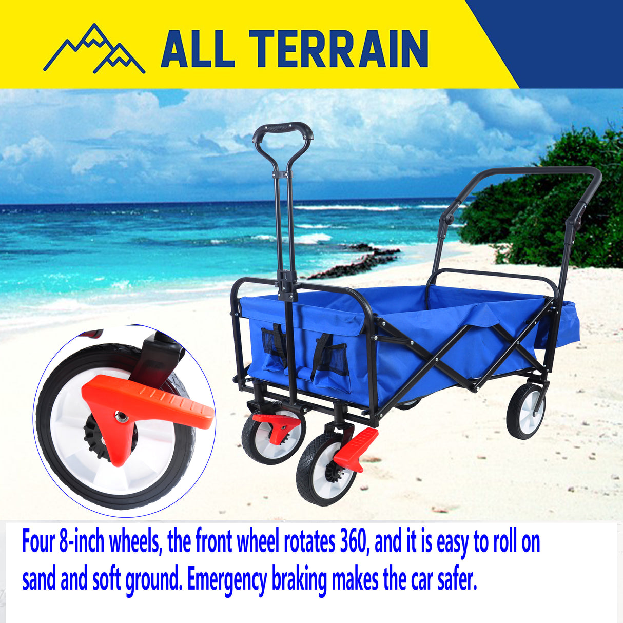 Folding Collapsible Outdoor Utility Wagon Heavy Duty Garden Portable Hand Cart Drink Holder Adjustable Handles Blue