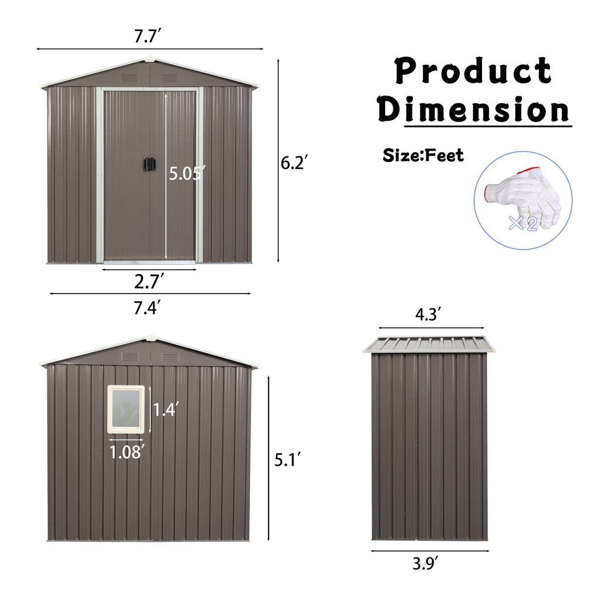 Remise de rangement extérieure en métal 8 pi x 4 pi avec fenêtre gris