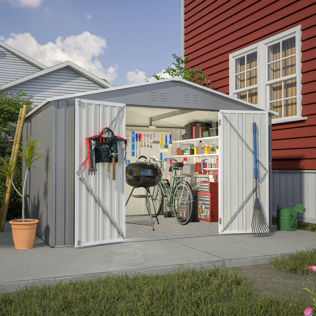 10X8 FT Outdoor Storage Shed Lahat ng Weather Metal na may Lockable Doors Tool para sa Patio ng Hardin sa Backyard Lawn Gray