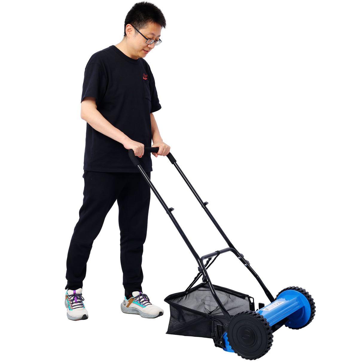 Cortacésped de carrete de empuje de 5 cuchillas de 16 pulgadas con recogedor de césped azul