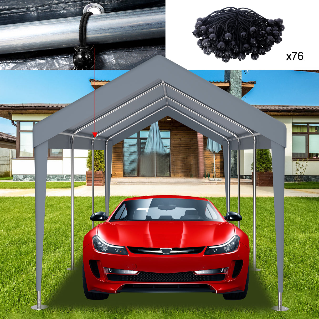 12x20ft Carport Replacement Canopy Cover Waterproof & UV Protected Tarp with 76 Elastic Buckles Suit for Garage Shelter Frame is Not Included--Grey