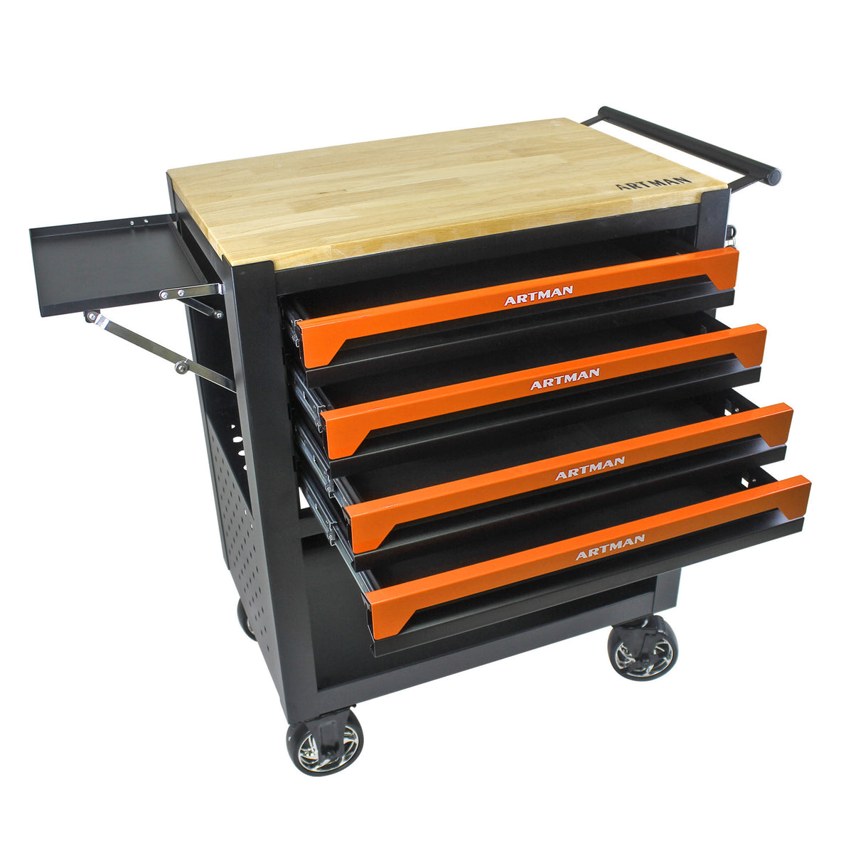 4 Drawers Multifunctional Tool Cart with Wheels and Wooden Top Orange