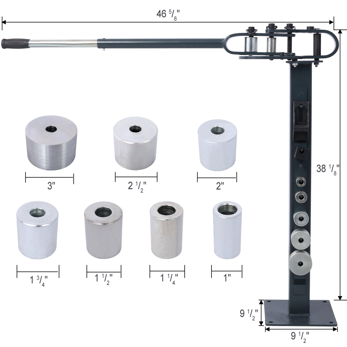 Dobladora compacta para piso de pedestal, 7 troqueles, tubo metálico compacto y versátil, montaje de 44', mango telescópico con recubrimiento en polvo, máximo 5/8" de espesor, 1-15/16" de ancho, gris