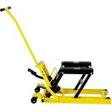 Gato elevador hidráulico para motocicleta, capacidad de 1500 libras, mesa portátil de tijera ATV con 4 ruedas, soporte de elevación accionado por el pie con amarre, color amarillo