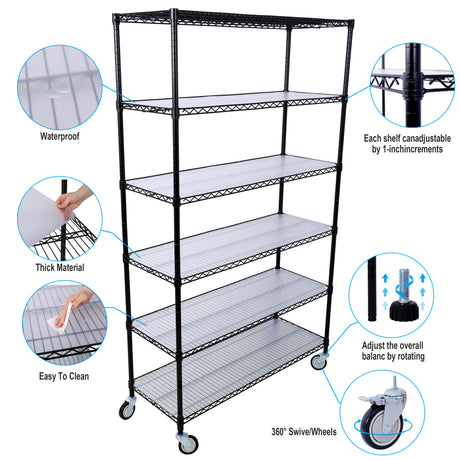 Étagère métallique NSF à 6 niveaux, capacité de 6 000 lb, étagère de rangement robuste et réglable avec roues et doublures d'étagère pour support de rangement en acier utilitaire de qualité commerciale, noir 84"H x 48"L x 20"P