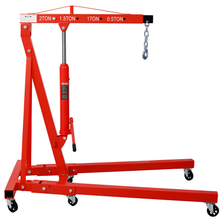 2 Ton Folding Engine Hoist Cherry Picker Shop Crane Lift 4000 lbs Capacity Heavy Duty Steel with 6 Iron Caster Wheels--Red