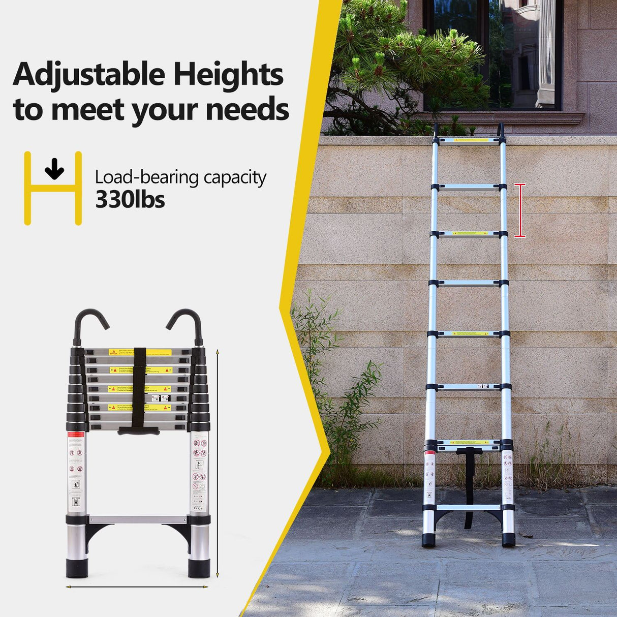 9.5 Foot Aluminum Button Telescopic Ladder with 2 Triangular Stabilizers and Hooks Multi-Purpose Maximum Load-Bearing Capacity of 330 Pounds Suitable for Industrial and Home