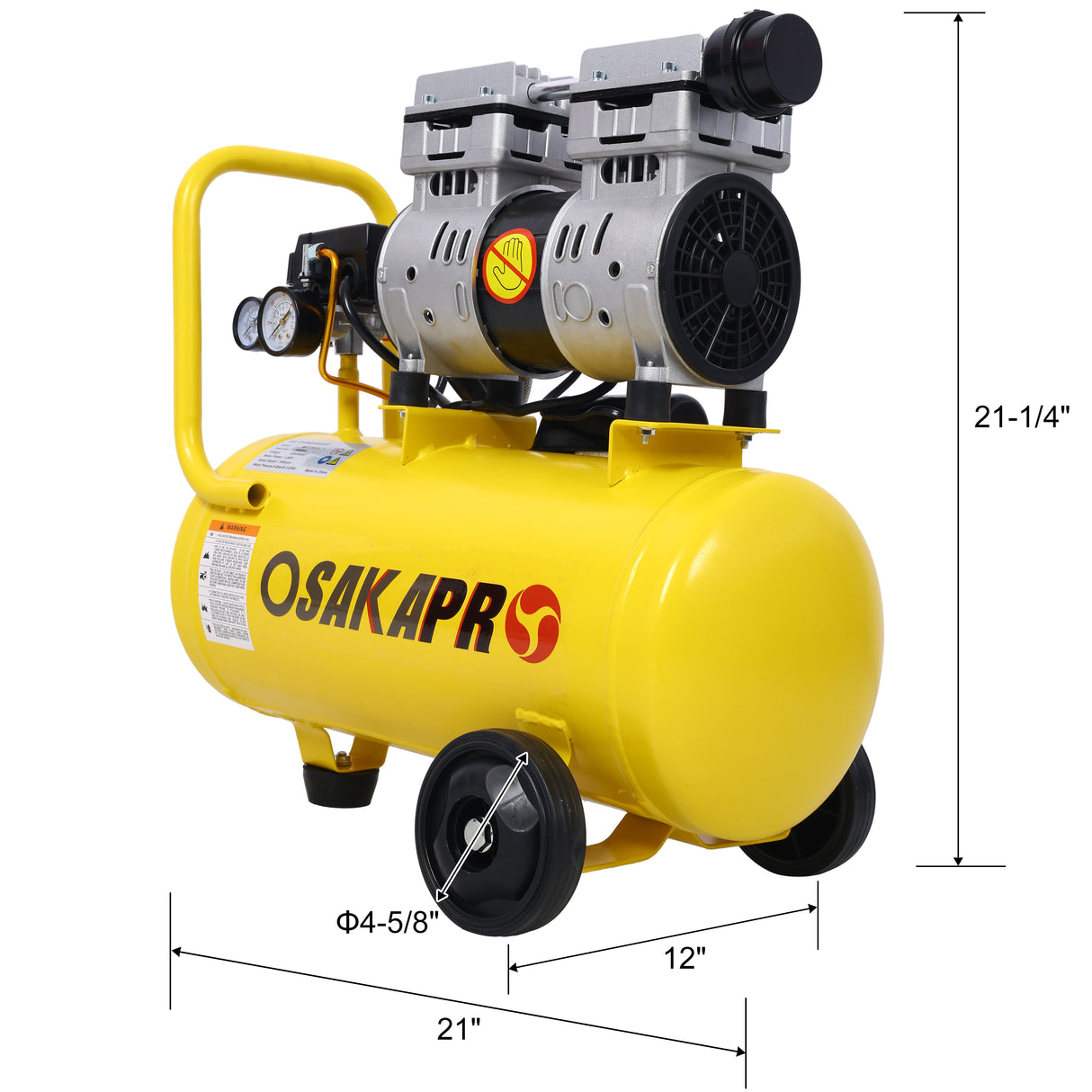 Compresor de aire silencioso sin aceite de 1.5HP Taller eléctrico de 8 galones Portátil liviano con ruedas Nivel de ruido de 70 DBA con válvula de drenaje automática Amarillo