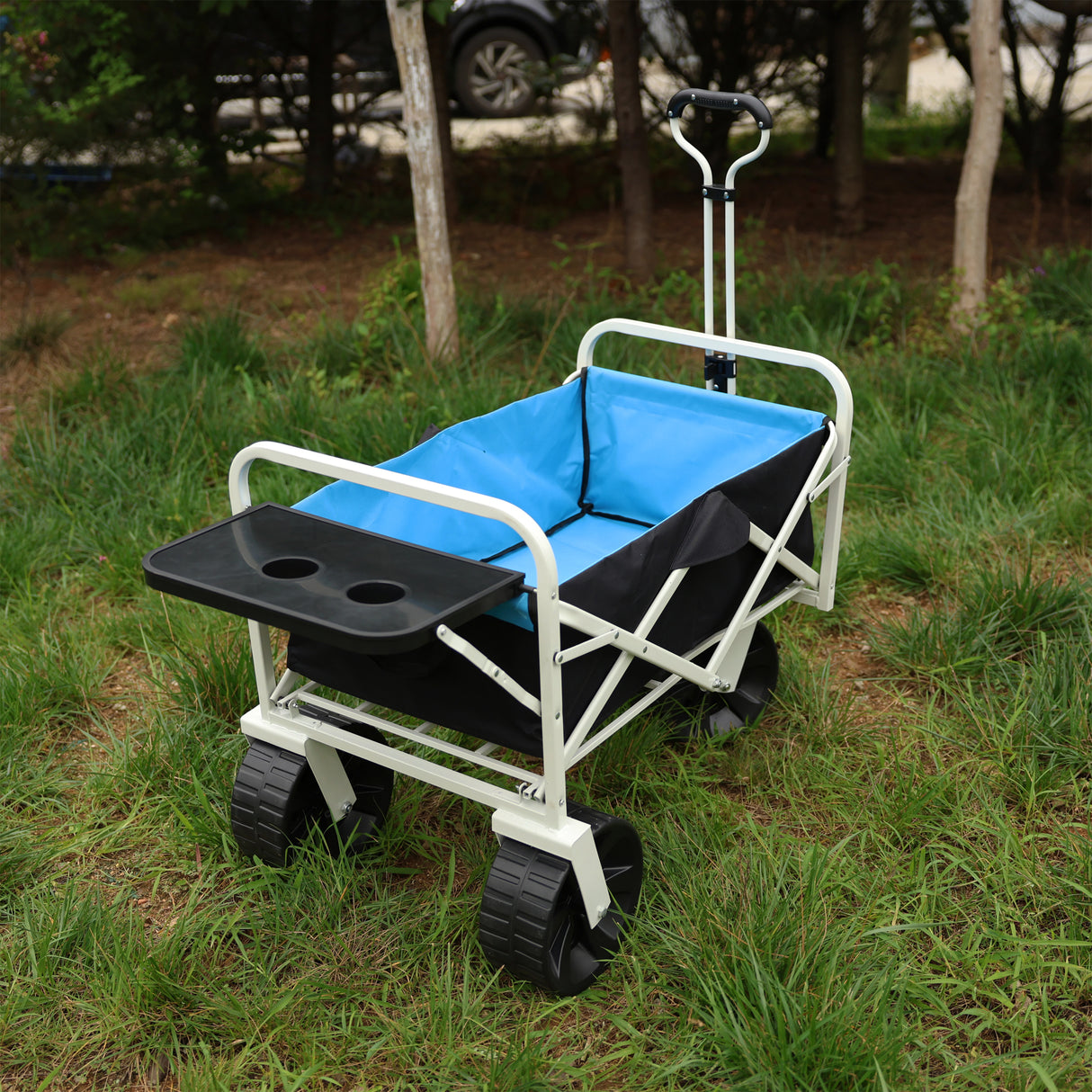 Chariot pliant de jardin, de courses, de plage, blanc, noir, bleu