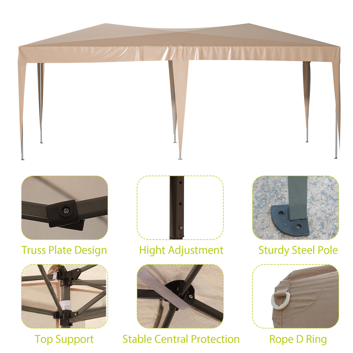 EZ Pop Up Canopy Tente pliante portable pour fête d'extérieur 10' x 20' avec 6 parois latérales amovibles + sac de transport + 6 sacs de poids Beige